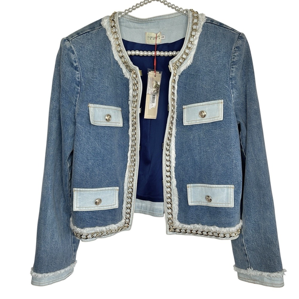 Alice +‎ Olivia Landon Cropped Denim Jacket Large Y2k NYE Designer Party NWT - Picture 3 of 16